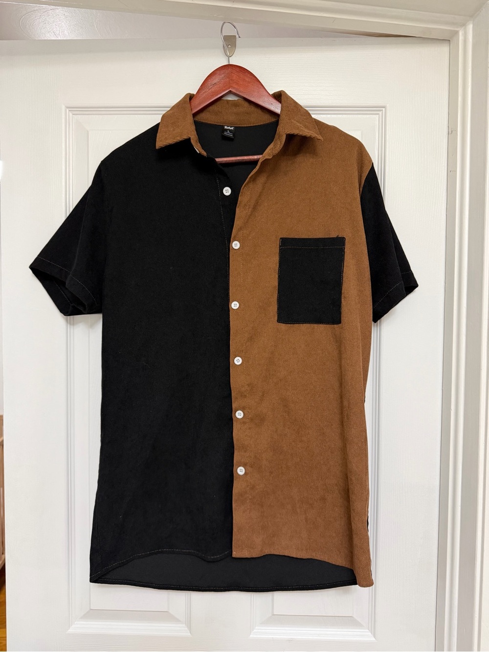 ROMWE Black and Brown Split-Panel Short-Sleeve Button Shirt
